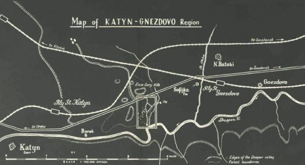 Mapa rejonu Katynia i Gniezdowa sporządzona przez generała Mariana Kukiela w 1946 roku.