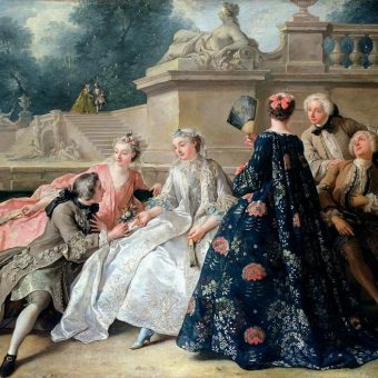 Suknia francuska, która weszła w modę w latach 30. XVIII wieku. Jean-François de Troy "Deklaracja miłości", 1731.