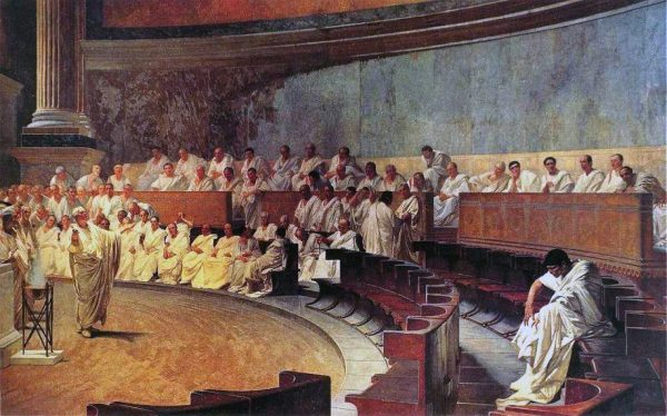 "Cyceron ujawnia spisek Katyliny" na fresku Cesare Maccariego. Prawo rzymskie pomagało utrzymać ład i broniło przed próbami siłowego przejęcia władzy.