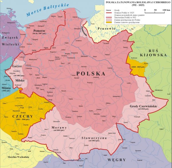Polska była w czasach Chrobrego mocarstwem. I w przeciwieństwie do rojeń o Wielkiej Lechii mamy na to twarde dowody. Mapa przedstawia zasięg podbojów pierwszego króla Polski.