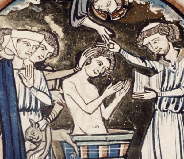 Czy Bolesław Okrutny poprzez ochrzczenie chciał poprawić swój piar? Scena chrztu z XIII-wiecznego manuskryptu „Bible moralisée”.