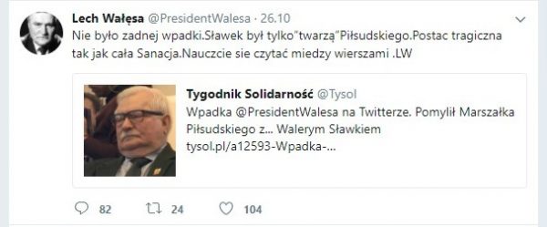 Kolejna chybiona próba wybrnięcia z sytuacji. Screen z tweeta Lecha Wałęsy.