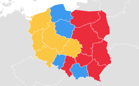 Kto jest najpopularniejszy w poszczególnych województwach? Łokietek na niebiesko, Chrobry na żółto, Kazimierz na czerwono.