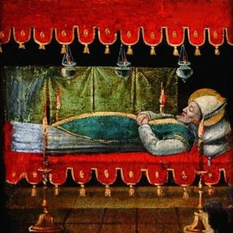 Otwarty sarkofag świętego Mikołaja na XV-wiecznym francuskim obrazie.