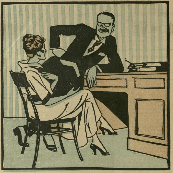 Urzędniczka i jej szef. Ilustracja z pisma satyrycznego Sowizdrzał, 1919 rok.