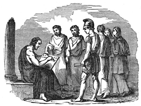 Solon spisuje ateńskie prawa. Rycina z połowy XIX wieku