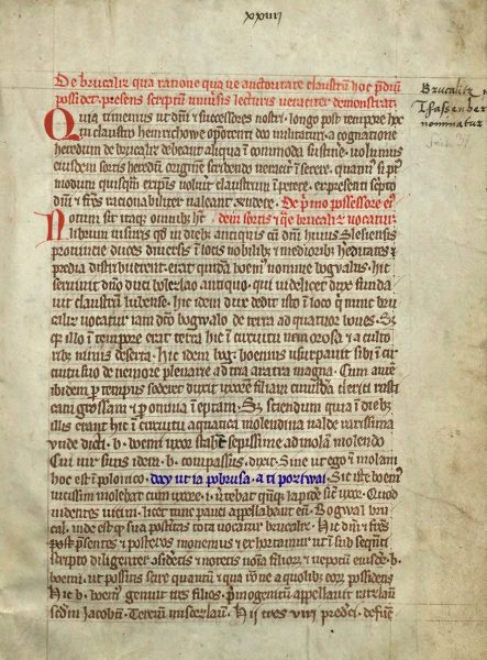 Strona z księgi henrykowskiej z zaznaczonym (na niebiesko) najstarszym polskim zdaniem.