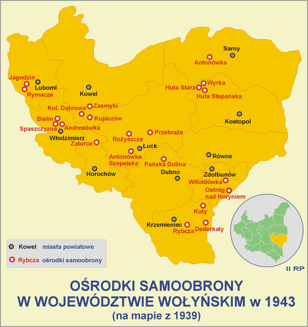 Ośrodki samoobrony w województwie wołyńskim 1943 roku. Stara Huta znajdowała się w powiecie kostopolskim.