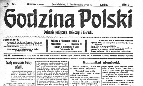"Godzina Polski". Pierwsza strona numeru z 2 października 1916 roku. Tradycyjnie przyjmuje się, że właśnie to czasopismo dało początek prześmiewczej nazwie "gadzinówka". Termin ma jednak o wiele głębsze korzenie.