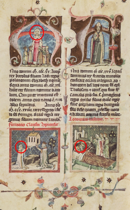 Większość znanych wizerunków Elżbiety Łokietkówny pochodzi z tak zwanej "Kroniki Ilustrowanej". Powyżej karta kodeksu z trzema spośród nich.