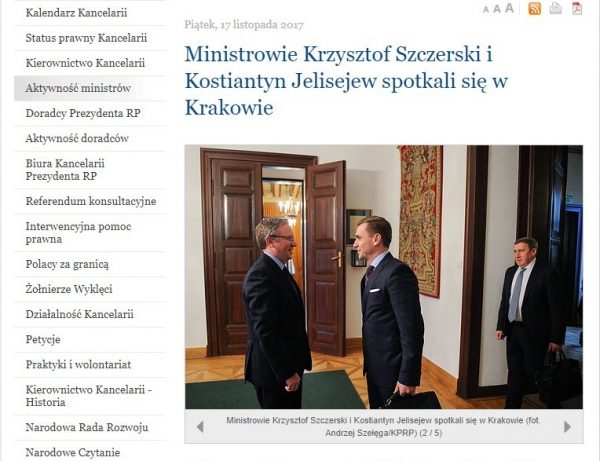 Krzysztof Szczerski podczas piątkowych rozmów z Konstiantinem Jelisejewem. Screen z oficjalnej strony Kancelarii Prezydenta RP.