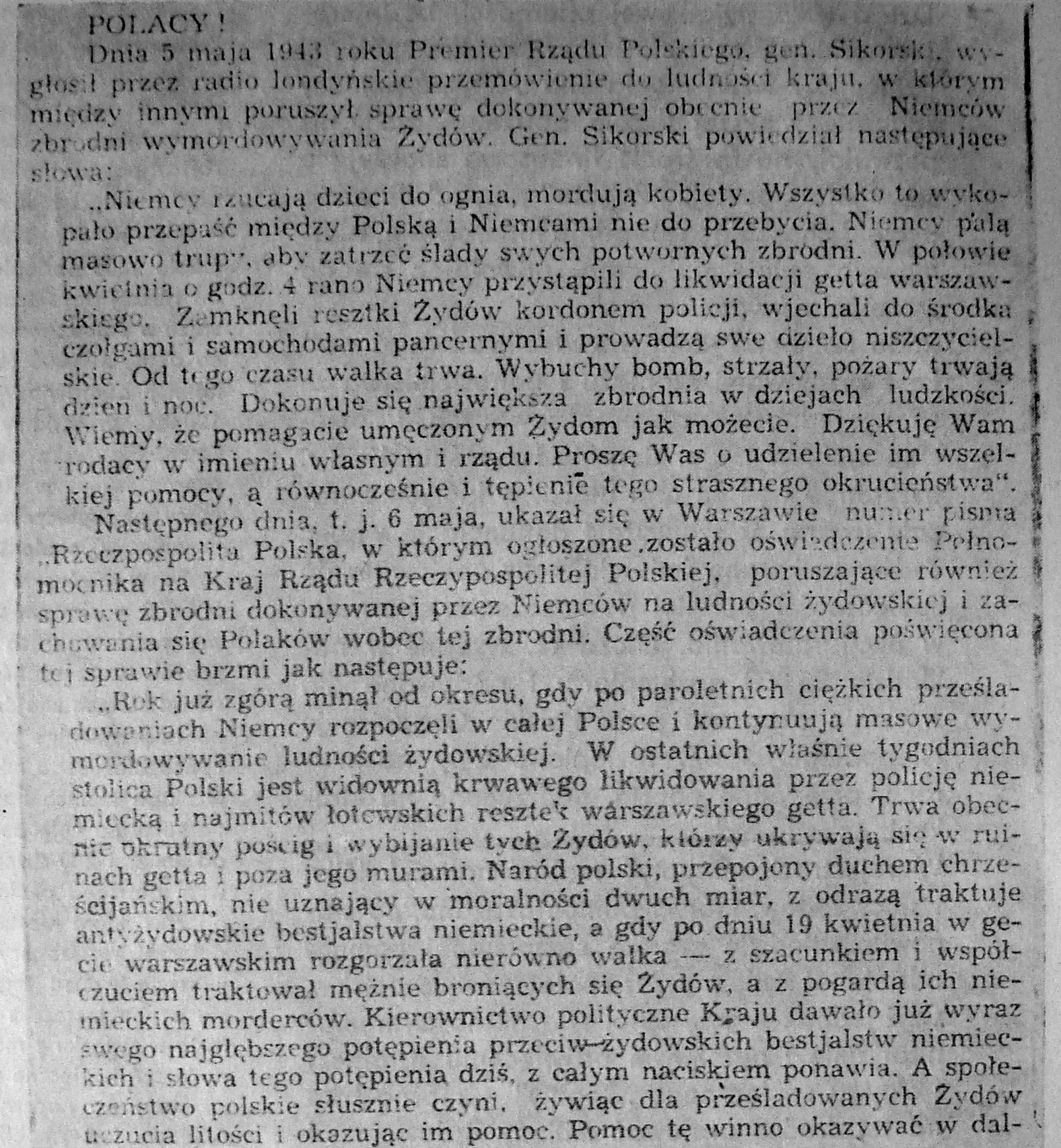 Fragment ulotki wydanej w Warszawie w maju 1943 roku z apelem Władysława Sikorskiego o pomoc Żydom oraz potępieniem Polaków pomagającym Niemcom.