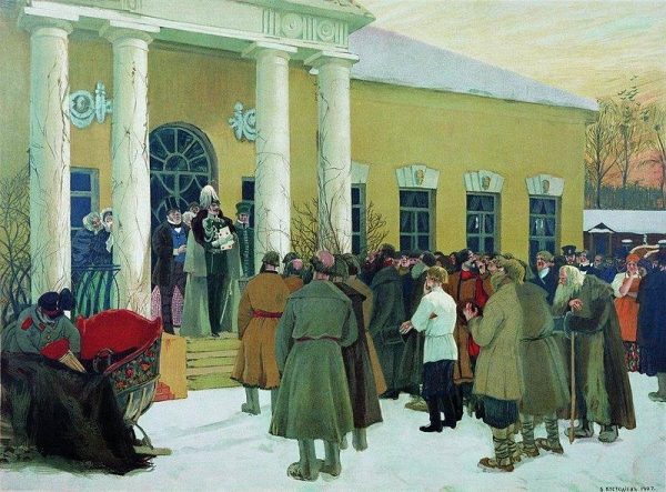 Wyzwolenie chłopów w 1861 roku wcale nie rozwiązało problemów społecznych w Rosji. Czytający proklamację (ilustracja autorstwa Borisa Kustodiewa) nie przeczuwali, że ok. 55 lat później carska Rosja zmieni się w Rosję bolszewicką.