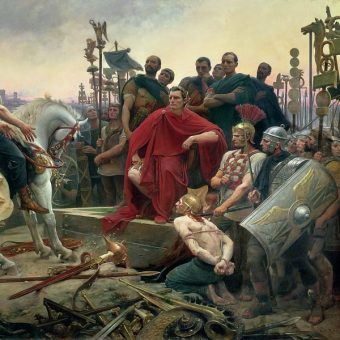 Kapitulacja Wercyngetoryksa przed Cezarem pod Alezją (52 p.n.e.) na obrazie Lionel-Noël Royera z 1899