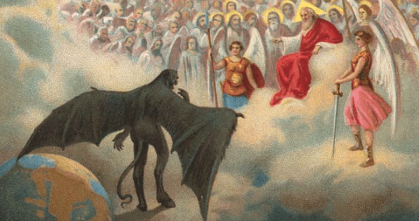 Ilustracja od prologu Fausta, który rozgrywa się w niebie, gdzie Bóg i Mefistofeles rozmawiają o Fauście. (fot. domena publiczna)