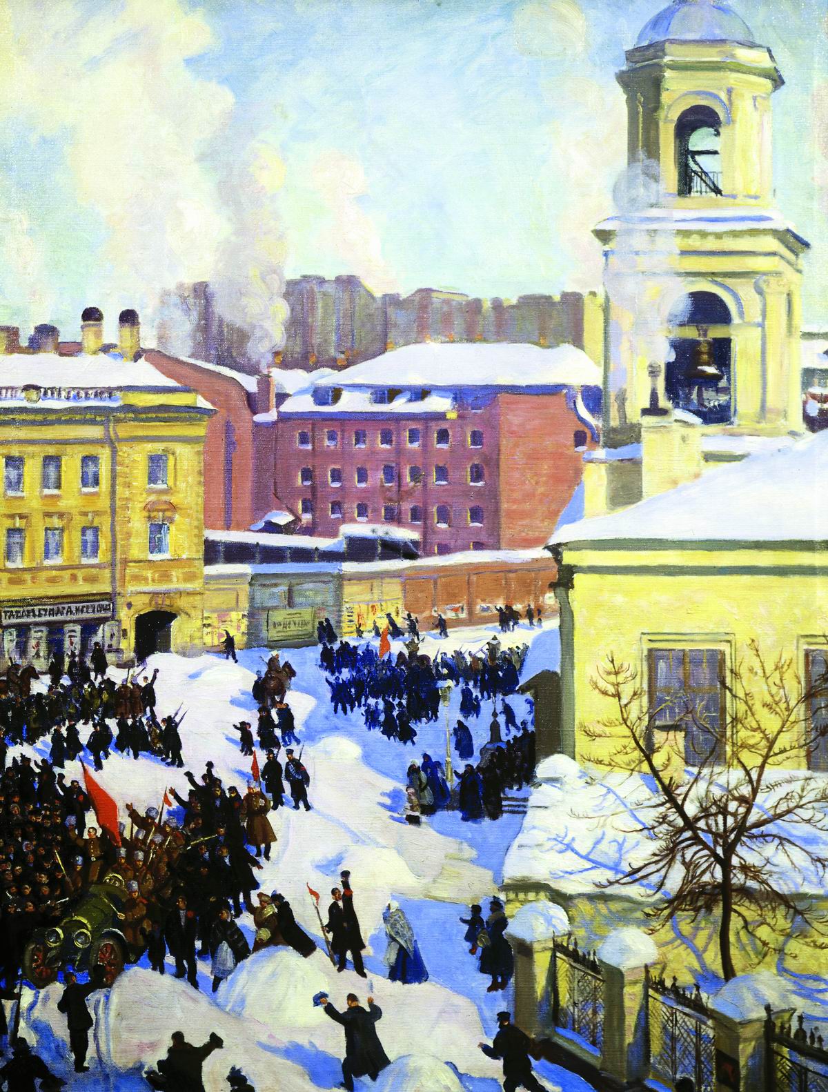 Rewolucja lutowa traktowana była przez bolszewików jako burżuazyjna, wprowadzająca kapitalizm. Obraz Borysa Kustodiewa.