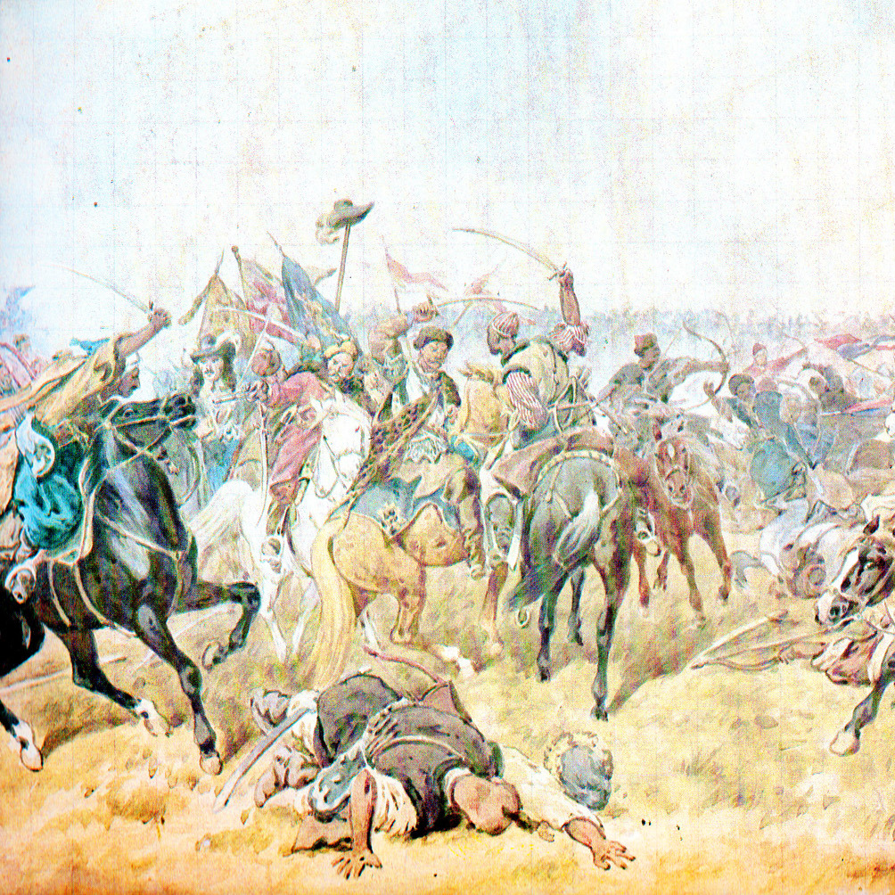Fragment obrazu Juliusza Kossaka "Mikołaj Gniewosz ratuje króla w bitwie pod Zborowem".