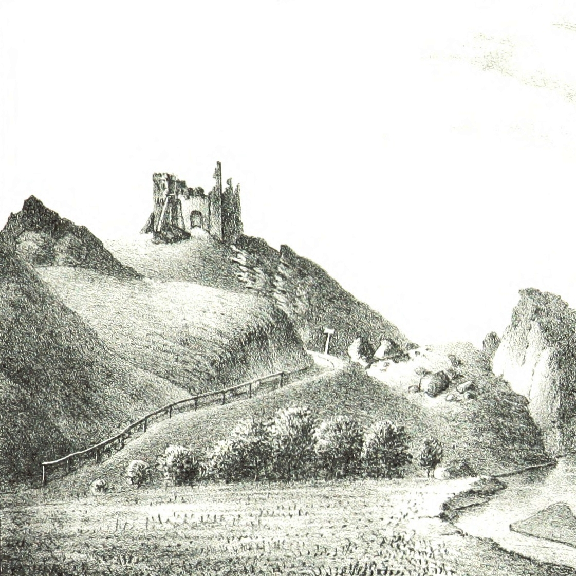 Ruiny zamku w Czorsztynie na rysunku Kajetana Jabłońskiego z 1847 roku.