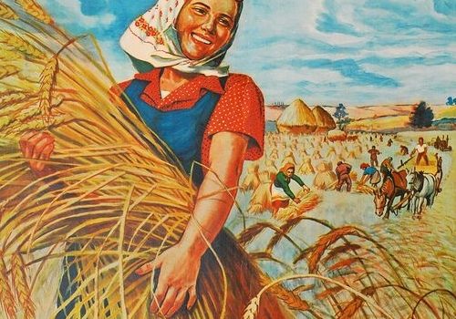Fragment socrealistycznego plakatu z hasłem Damy ojczyźnie więcej chleba