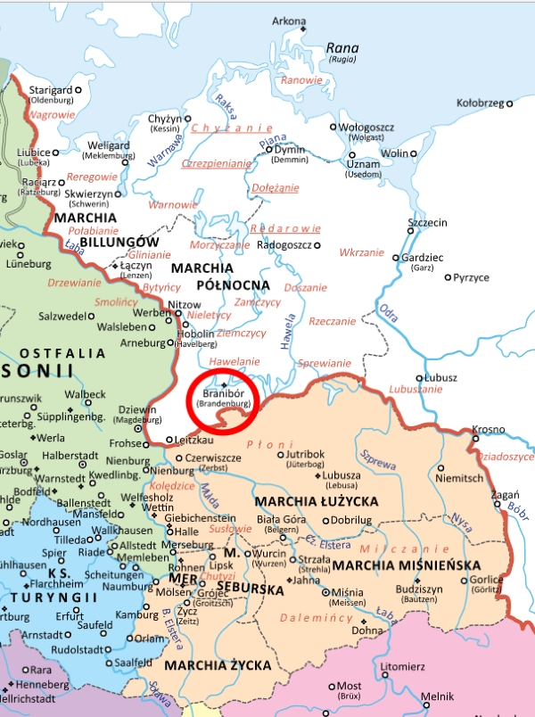 Mapa Połabia około roku 1000. W czerwonym kole widoczna Brena - naczelny gród Stodoran. Dalej na północ - tereny opanowane przez pogańskich Lutyków. Na południu - Milsko i Łużyce. Na pograniczu Saksonii widoczny także Merseburg - siedziba biskupa Thietmara.