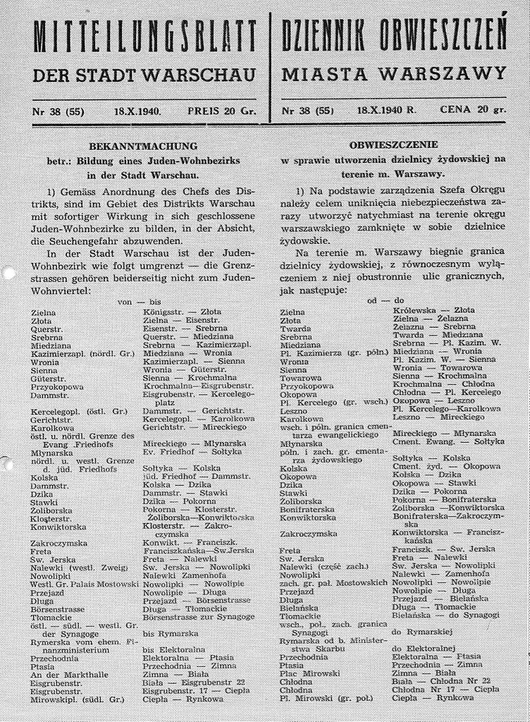 Obwieszczenie w sprawie utworzenia "dzielnicy żydowskiej" w Warszawie ukazało się 18 października 1940 roku.