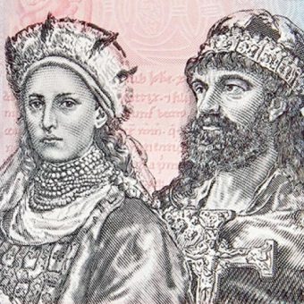 Dobrawa i Mieszko na banknocie okolicznościowym wyemitowanym w 2015 roku.
