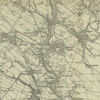 Husiatyn nad Zbruczem (reprodukcja z 1922 roku mapy austriackiej z 1916 roku). Mapa oznaczona według południka Ferro