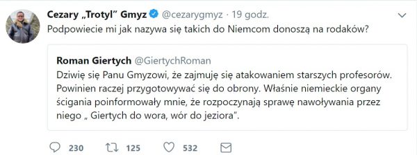 Screen z konta Twitter Cezarego Gmyza, odpowiedź na tweet Romana Giertycha.