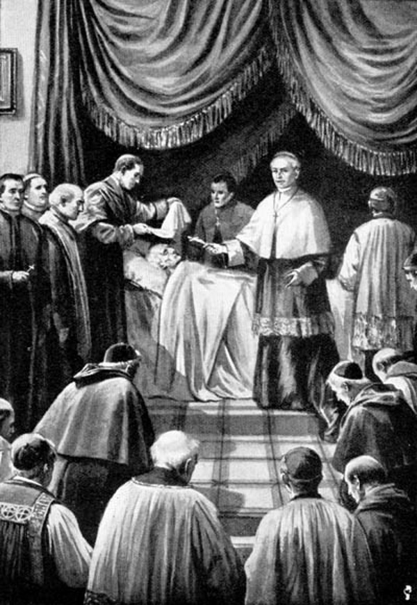 Kardynałowie upewniający się, czy papież rzeczywiście nie żyje (fot. domena publiczna)