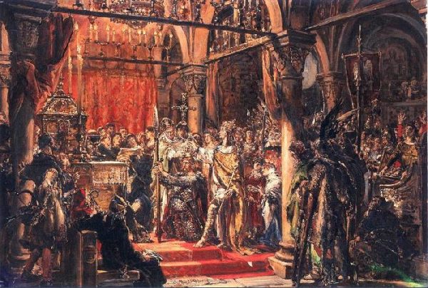 Chrobry przez potomków został uznany za władcę Wielkiego. Obraz Jana Matejki "Koronacja pierwszego króla Polski".