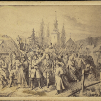 Tak jak wiele innych zgrupowanie Władysława Rudnickiego było złożone z tylko częściowo uzbrojonych chłopów. Na ilustracji wymarsz powstańców z Grodna.