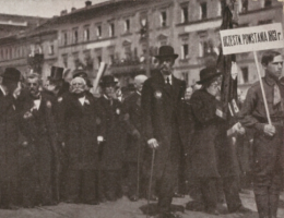 Uczestnicy powstania styczniowego w trakcie pochodu w Warszawie, 1916 r.