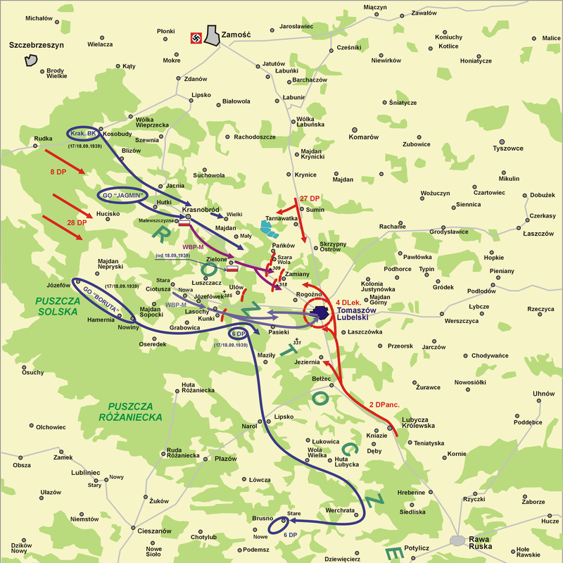 Mapa pierwszej bitwy pod Tomaszowem Lubelskim.