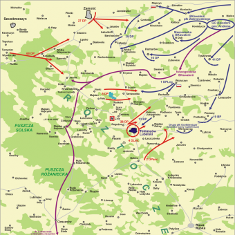 Mapa drugiej bitwy pod Tomaszowem Lubelskim.