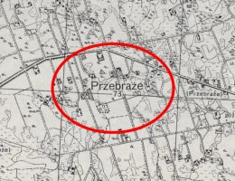 Fragment mapy Wojskowego Instytutu Geograficznego z zaznaczonym Przebrażem.