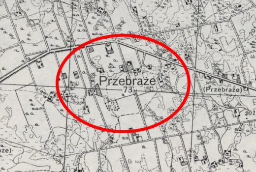 Fragment mapy Wojskowego Instytutu Geograficznego z zaznaczonym Przebrażem.