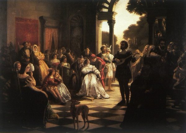 Bona do dzisiaj fascynuje. Na ilustracji obraz Kazimierza Mireckiego "Wprowadzenie muzyki włoskiej na dwór Zygmunta I przez Bonę".
