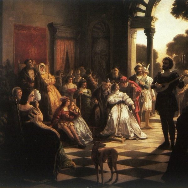 Bona do dzisiaj fascynuje. Na ilustracji obraz Kazimierza Mireckiego "Wprowadzenie muzyki włoskiej na dwór Zygmunta I przez Bonę".