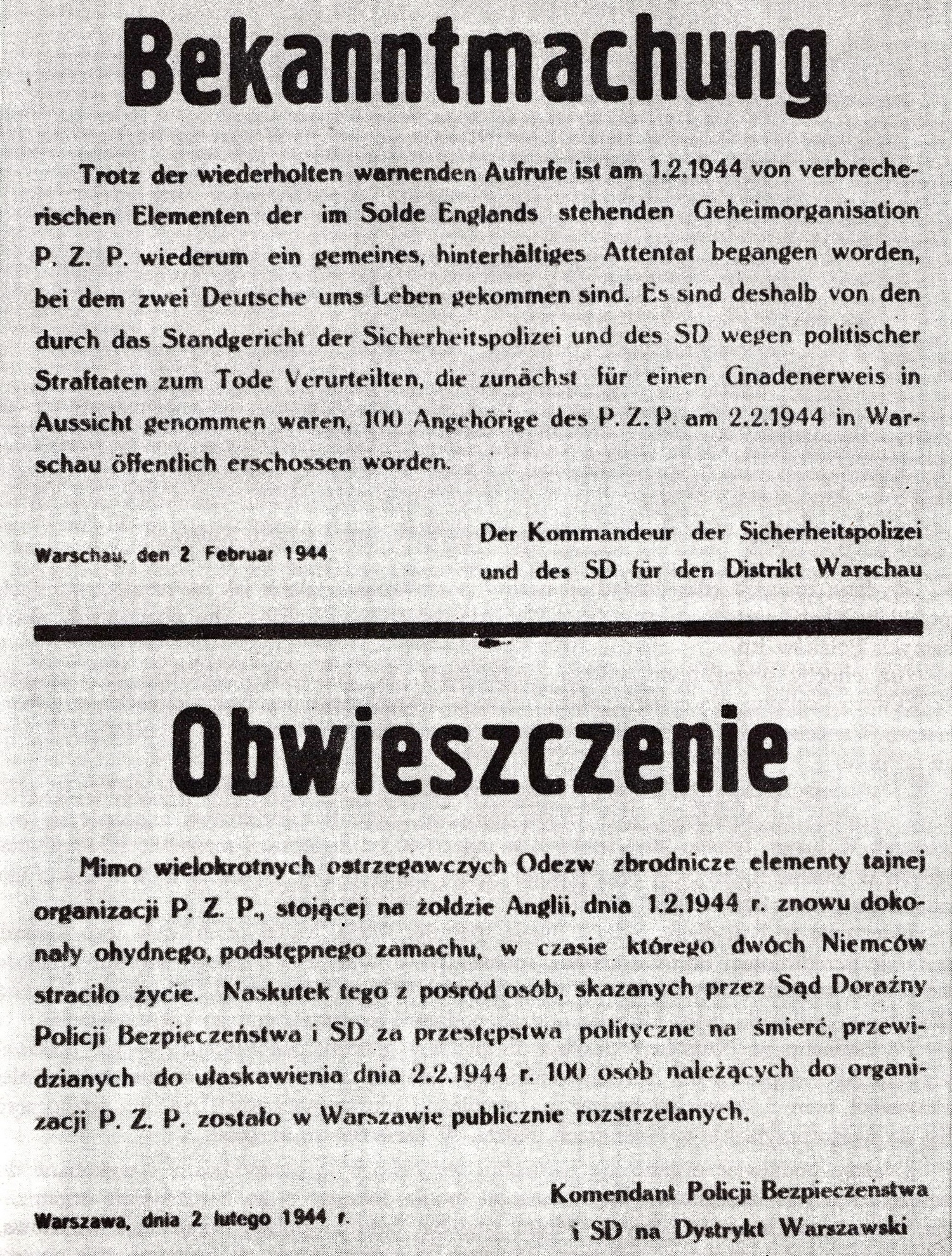 Obwieszczenie informujące o straceniu 100 polskich zakładników w dniu 2 lutego 1944 roku.