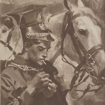 Ułan zapalający papierosa. Obraz Wojciecha Kossaka sprzed 1939 roku.