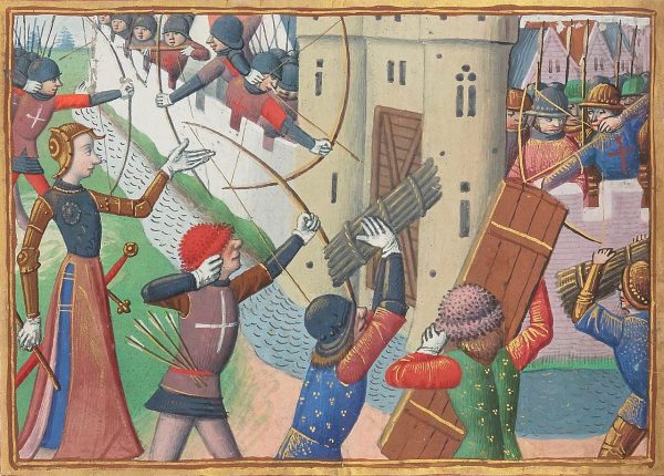 W czasie oblężenia nieraz wykorzystywano także najprostsze zasłony z desek. Na ilustracji oblężenie Paryża przez siły Joanny d'Arc w 1429 roku.