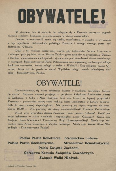Obwieszczenie z kwietnia 1945 roku o pogrzebie pomordowanych w obozie w Żabikowie.