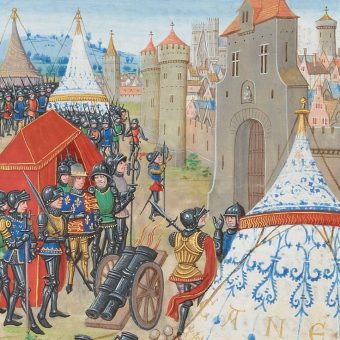 Próba zdobycia chronionego murami miasta wiązała się zwykle z wielkimi kosztami. Ilustracja przedstawia oblężenie Reims przez króla Edwarda III.
