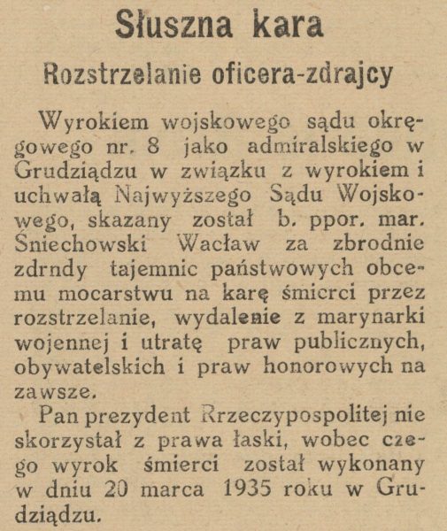 O egzekucji Wacława Śniechowskiego donosiła prasa w całym kraju.