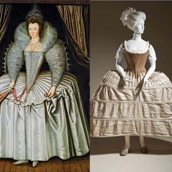 Kolaż portretu angielskiej damy z lat 1595-1605 (fot. domena publiczna) i kobiecego gorsetu i rogówki (fot. domena publiczna)