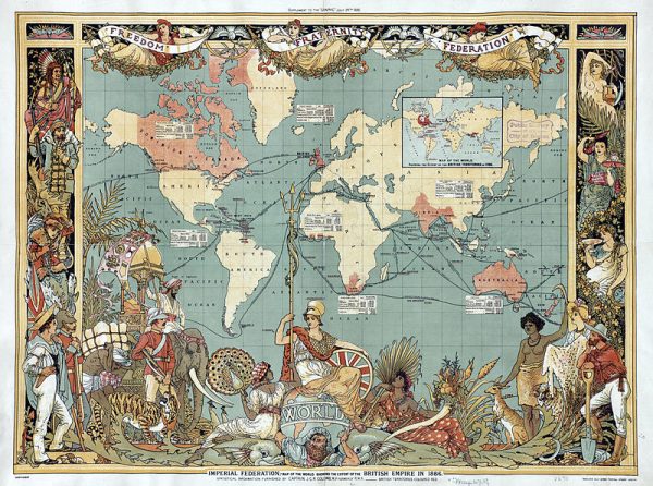 Imperium brytyjskie osiągnęło apogeum w 1920 roku. Powyżej mapa z 1886 roku.