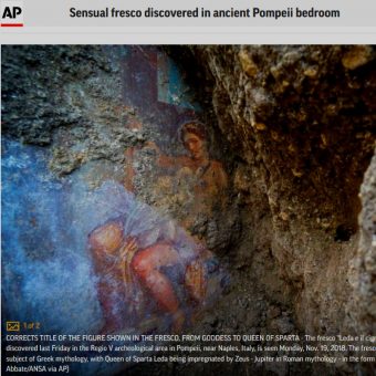 Fresk przedstawiający fragment mitu o Ledzie i Łabędziu odkryty w Pompejach (fot. screen materiału przygotowanego przez Associated Press)
