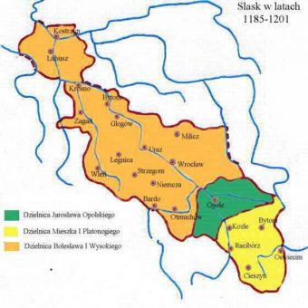 Księstwo Opolskie pod rządami Jarosława w latach 1173–1201 (kolor zielony) (fot. Zuber , lic. CC BY-SA 3.0)