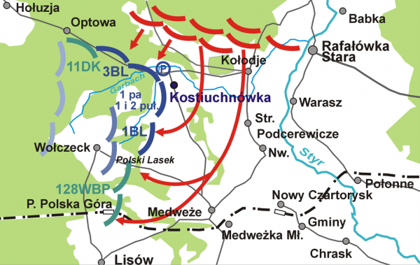 Rozmieszczenie polskich sił oraz kierunek ataku Rosjan pod Kostiuchnówką w lipcu 1916 roku.