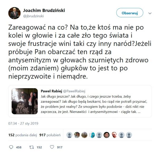 Tweet Joachmia Brudzińskiego w sprawie marszu nacjonalistów.